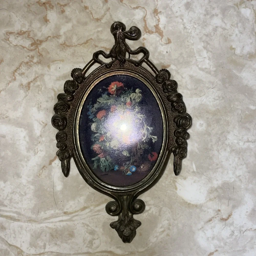 Pair Of Vintage Ornate Metal Italian Oval Frames With Floral Flower Vases Displa